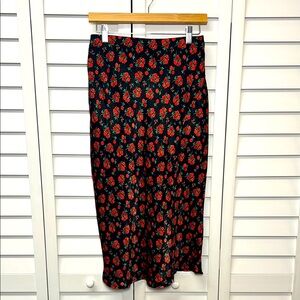 Francesca’s Blue Rain Floral Rose Satin Pull On Midi Skirt Size Small NWT